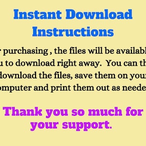 Puede incluir: Una hoja de instrucciones de descarga digital con un fondo amarillo claro. El texto azul dice "Instrucciones de descarga instant&aacute;nea". El texto explica c&oacute;mo descargar e imprimir archivos. El texto "Muchas gracias por su apoyo" es rosa.