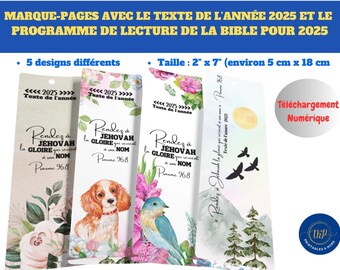 Marque-page avec le texte de l’année 2025 et le programme de lecture de la Bible pour 2025 en 5 designs différents *Téléchargement numérique