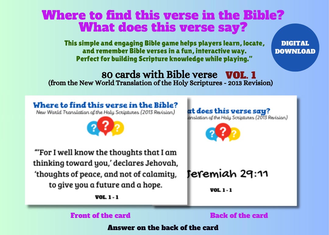 JW Bible Verse Games | Bible Trivia Flash Cards | 80 Printable Cards ...