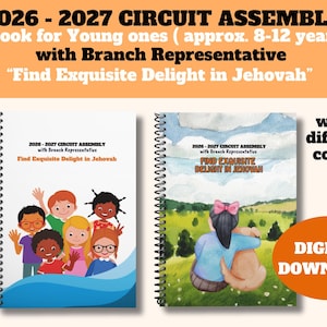May include: Two spiral-bound notebooks titled 2026-2027 Circuit Assembly with Branch Representative Find Exquisite Delight in Jehovah. One cover features a group of diverse children, the other shows a child with a dog in a field. Digital download.