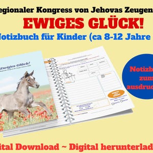 Puede incluir: Un cuaderno con espiral con una portada que presenta un caballo corriendo en un campo de flores rojas. El texto "Ewiges Gl&uuml;ck!" se muestra encima de la imagen. El cuaderno abierto muestra p&aacute;ginas rayadas y el texto "Notizbuch f&uuml;r Kinder". Un c&iacute;rculo azul dice "Notizbuch zum ausdrucken".