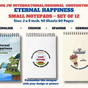 Internationale conventie JW 2026 "Eeuwig geluk" ~ Set van 12 notitieblokken in verschillende ontwerpen ~ 3 x 5 inch ~ Gepersonaliseerde notitieblokken
