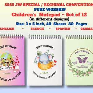Convención especial/regional 2025 "Adoración pura" ~ Juego de 12 cuadernos para niños ~ 3 x 5 pulgadas ~ Agregue la ubicación y el idioma de la convención