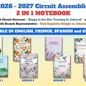Puede incluir: Una colección de cuadernos de espiral 2 en 1 para asambleas de circuito 2026-2027 con varios diseños de portadas florales, de paisajes y botánicos. El texto incluye "Happy Is the One Trusting In Jehovah" y "Find Exquisite Delight in Jehovah."