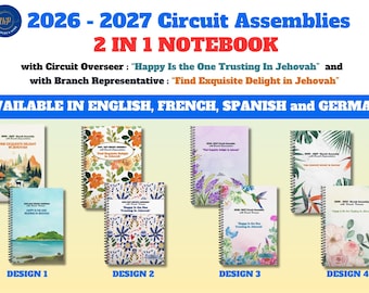 May include: A collection of 2026-2027 circuit assembly 2-in-1 spiral-bound notebooks featuring various floral, landscape, and botanical cover designs. The text includes "Happy Is the One Trusting In Jehovah" and "Find Exquisite Delight in Jehovah."
