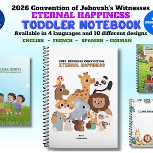 May include: A collection of toddler notebooks with spiral binding, featuring the text "2026 Convention of Jehovah's Witnesses Eternal Happiness." The notebooks are available in multiple languages and designs, with illustrations of animals and children.