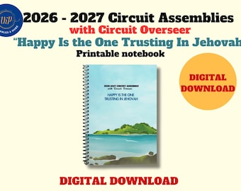 Op de afbeelding: Een spiraalgebonden notitieboek met een lichtblauwe kaft met een landschapsillustratie van een groen eiland in het water. De tekst op de kaft luidt 2026-2027 Circuit Assembly with Circuit Overseer en Happy Is the One Trusting In Jehovah. Digitale download.