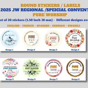 Set di 20 adesivi / etichette ~ Convenzione speciale JW 2025 "ADORAZIONE PURA" ~ Circa 1,50 pollici ~ Vinile e carta ~ Finitura opaca e lucida!