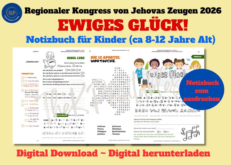 Puede incluir: Un cuaderno de descarga digital para ni&ntilde;os de 8 a 12 a&ntilde;os, con el texto "Congreso Regional de los Testigos de Jehov&aacute; 2026" y "&iexcl;Felicidad eterna!" El cuaderno incluye actividades de lectura b&iacute;blica y b&uacute;squeda de palabras, con un c&iacute;rculo azul que dice "Cuaderno para imprimir".