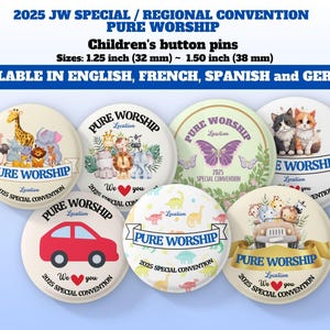 Convención especial/regional JW 2025 "Adoración pura" ~ Botones para niños ~ Disponibles en diferentes idiomas y tamaños ~ Botones para niños