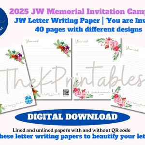 JW Memorial 2025 - Papel para escribir cartas ~ Ministerio JW ~ 40 páginas con diferentes diseños con y sin código QR para jw.org ~ Descarga instantánea