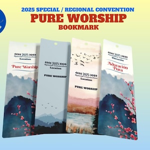 JW 2025 Special Convention &quot;Pure Worship&quot; BOOKMARK SET in different designs | Available in 4 languages ~ Add convention location