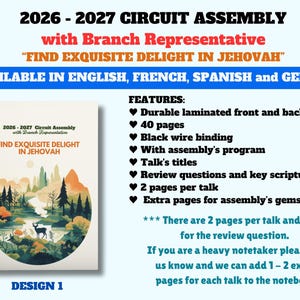 Könnte beinhalten: Ein 40-seitiges Notizbuch mit schwarzer Spiralbindung und laminierten Einbänden. Das Cover zeigt den Text 2026-2027 Circuit Assembly with Branch Representative FIND EXQUISITE DELIGHT IN JEHOVAH und eine Landschaftsillustration eines Hirsches im Wald.