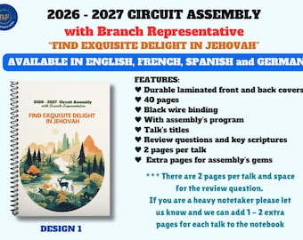 May include: A 40-page spiral-bound notebook with black wire binding and laminated covers. The cover features the text 2026-2027 Circuit Assembly with Branch Representative FIND EXQUISITE DELIGHT IN JEHOVAH and a landscape illustration of a deer in a forest.
