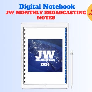May include: A digital notebook on a white tablet with the text "Digital Notebook JW Monthly Broadcasting Notes". The notebook features a blue graphic with "JW Broadcasting 2026". A white stylus is next to the tablet.