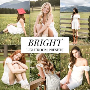 May include: A collection of six photographs showing women in white dresses in outdoor settings. The text "BRIGHT LIGHTROOM PRESETS" is displayed in the center of the collage.