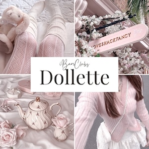 May include: A collage of images featuring a pink and white tea set, a pink sweater, a sign that says "Loveshackfancy", and a pair of white lace stockings.