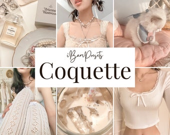 May include: A collage of images featuring a white lace top, a glass of iced coffee, a white top with a bow, a white lace top with a pearl necklace, a white kitten wearing a pink and blue bow, and a pair of white lace stockings. The text "iBamPresets Coquette" is displayed in the center of the collage.