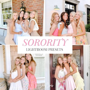 Könnte beinhalten: Eine digitale Collage aus vier Fotos, die Gruppen von jungen Menschen in verschiedenen Kleidern zeigen, darunter weiße, rosa und geblümte Modelle, mit dem Text SORORITY LIGHTROOM PRESETS in der Mitte des Bildes.