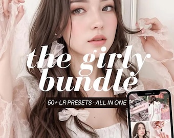 May include: A woman with long brown hair is wearing a white lace top and holding a phone. The phone screen shows a collage of images with the text "the girly bundle 50+ LR presets - all in one".