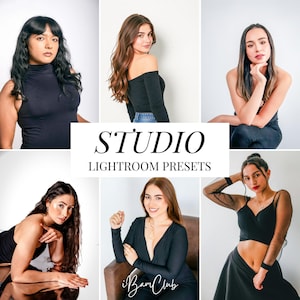 Op de afbeelding: Promotieafbeelding met zes vrouwen in zwarte outfits, elk in verschillende poses. De centrale tekst luidt "STUDIO LIGHTROOM PRESETS", met het iBamClub-logo onderaan. De afbeelding heeft een strakke, professionele uitstraling.