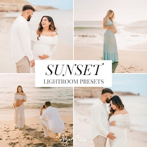 May include: A collage of four photos featuring couples and individuals on a beach, with the text "SUNSET LIGHTROOM PRESETS" in the center. The photos depict maternity portraits in various poses.
