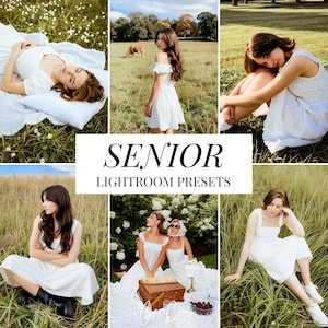 May include: A collage of images featuring young women in white dresses in outdoor settings. The text "SENIOR LIGHTROOM PRESETS" is displayed in a white banner. The images showcase a variety of poses and settings, including fields and picnics.