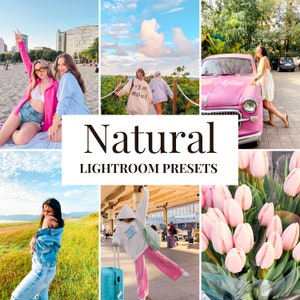 Könnte beinhalten: Eine Collage von Lifestyle-Fotos mit einer hellen, luftigen Ästhetik. Die Bilder zeigen Menschen am Strand, in der Natur und auf Reisen. Der Text "Natural Lightroom Presets" wird in einem zentralen weißen Feld angezeigt.
