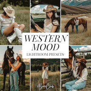Könnte beinhalten: Eine Sammlung von sechs Fotos mit Personen in Western-Kleidung, darunter Strohhüte, weiße Oberteile und Jeans, die im Freien mit Pferden interagieren. Der zentrale Text lautet WESTERN MOOD LIGHTROOM PRESETS.
