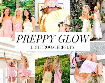 May include: A digital collection of photo editing filters titled PREPPY GLOW LIGHTROOM PRESETS, featuring a collage of images showing people in pink and yellow dresses, a gingham bucket hat, a yellow hand fan, and outdoor scenes.