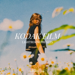 May include: A woman in a black vest with gold trim stands in a field of daisies under a blue sky. The text "KODAK FILM LIGHTROOM PRESETS" is overlaid on the image. The iBamClub logo is at the bottom.