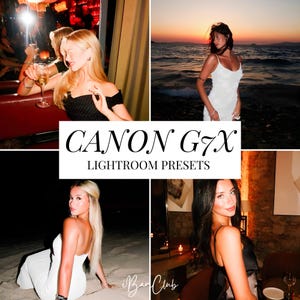 May include: A digital collage featuring four distinct photographs of individuals in various settings, overlaid with the text CANON G7X LIGHTROOM PRESETS and iBarClub. The images display diverse lighting conditions, including evening indoor scenes and a sunset beach.