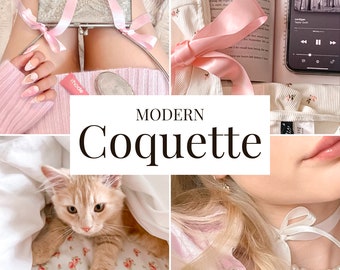 May include: A collage of images featuring a pink sweater, a silver purse with a pink ribbon, a book with a pink ribbon bookmark, a phone playing music, a kitten on a floral bedspread, and a woman wearing a pink satin shirt with a pearl necklace and a white ribbon.