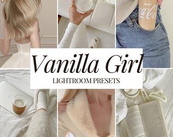May include: A collage of images featuring a variety of lifestyle and fashion elements, including a woman wearing a white dress, a woman wearing a white sweater with a fur collar, a woman wearing jeans and a white shirt, a can of Coca-Cola, a book, and a cup of coffee. The text "Vanilla Girl" and "Lightroom Presets" is displayed in the center of the image.