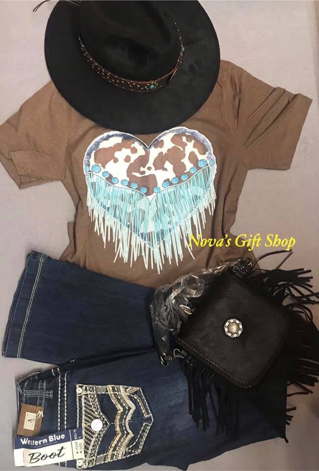 Cow print tassel heart shirt western shirt boho shirt Etsy