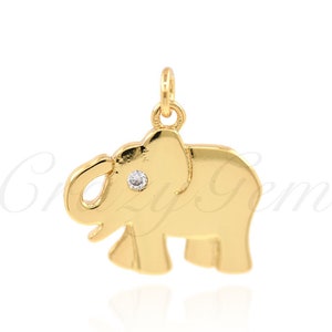 Pingente de elefante de zircônia banhado a ouro 18K, joias de animais para design de joias DIY, 16,5x18mm