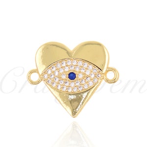 Brass Set Diamond Heart Evil Eye Connector, Evil Eye Charm, Heart Charm, 19x16mm