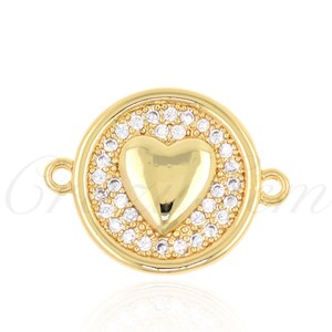 Micro Rhinestone Round Heart Connector, Heart Charm, Love Charm, Geometric Jewelry, 16mm