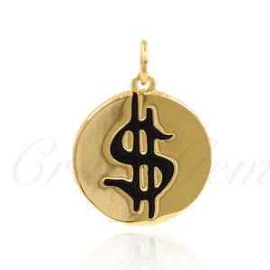 18K Yellow Gold Filled Dollar Sign Pendant,Round Money Charm Necklace,DIY Jewelry Making Supply 15x17mm