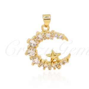 18K Filled Gold Zircon Moon and Star Pendant, Moon Charm, Star Charm, Celestial Jewelry, 22x20mm