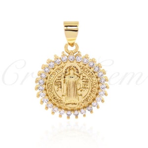 Round Virgin Mary Necklace Pendant with Diamonds in 18K Filled Gold, Virgin Mary Charm, Geometric Jewelry, 17mm