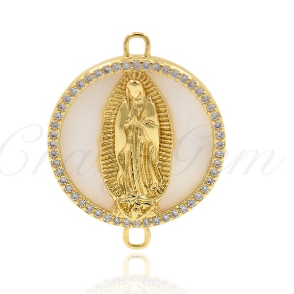 18K Gold Filled Catholic Charm, Micropavé Cz Circular Connectors,Virgin Mary charm,DIY Jewelry Making Supplies 22x28x3.8mm