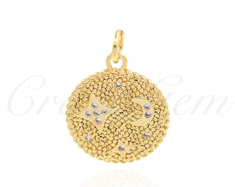 Pingente de estrela da lua redonda de latão banhado a ouro com diamantes, pingente de lua, pingente de estrela, joias geométricas, 15,5 mm