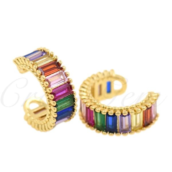 18k Gold Filling Dainty Wrap Ear Cuff ,No Piercing,Rainbow Baguette CZ Earcuff, Gift For Her 6X14mm