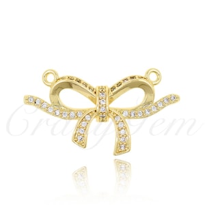 18k Gold Filled Bow Links,CZ Pave Bow Necklace Pendant,Minimalist Jewelry Findings 28x16mm