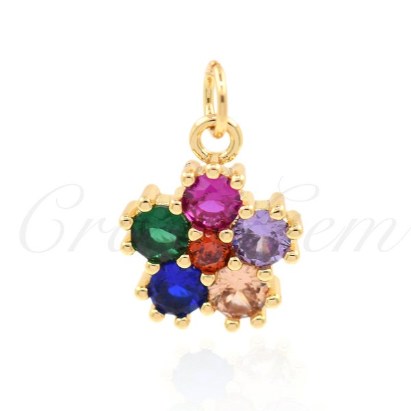 18K Gold Filled Rainbow Flower Pendant Necklace,Colorful Zircon Flower Charm, Botanical Charm,DIY Jewelry Making Supplies 11x9.5mm