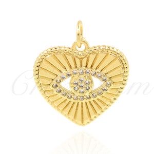 18K Filled Gold Diamond Heart Evil Eye Necklace Pendant, Evil Eye Charm, Heart Charm, 18x17mm