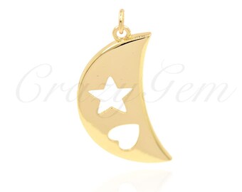 Simple Gold Plated Brass Moon Pendant, Moon Charm, Star Charm, Heart Charm, 32x18mm