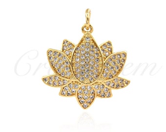 Sparkling Gold Lotus Pendant With Full CZ Inlay for Yoga