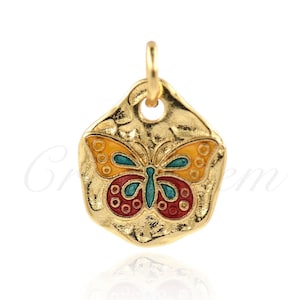 18K Filled Gold Enamel Butterfly Pendant, Insect Jewelry for DIY Bracelet Necklace Making, 11x13mm